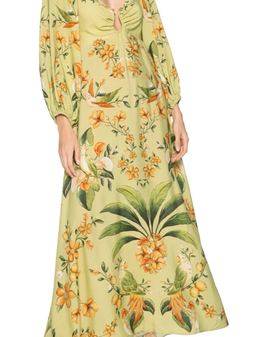 FARM Rio Lime Green Floral Maxi Dress with Orange Accents